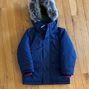 Mini Boden Blue Kids Jacket with Faux Fur Hood